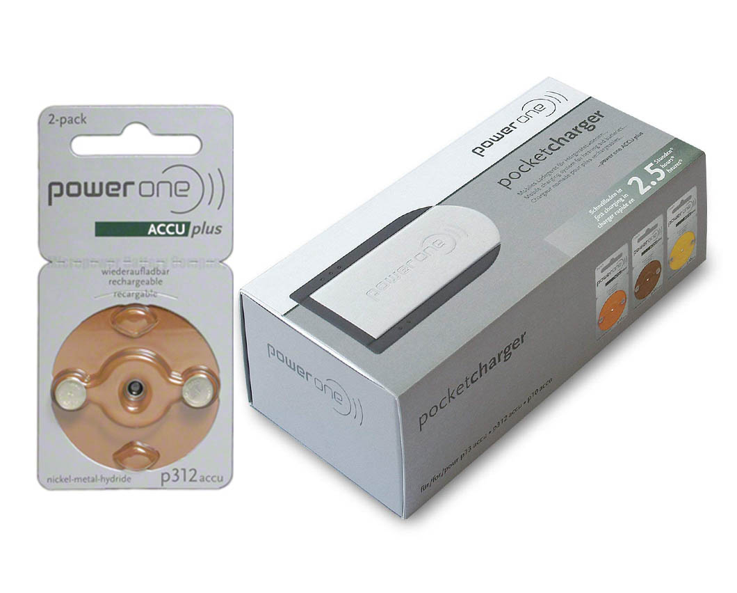 Power One ACCU Plus Rechargeable Hearing Aid Battery, Size P312 + Pocketcharger