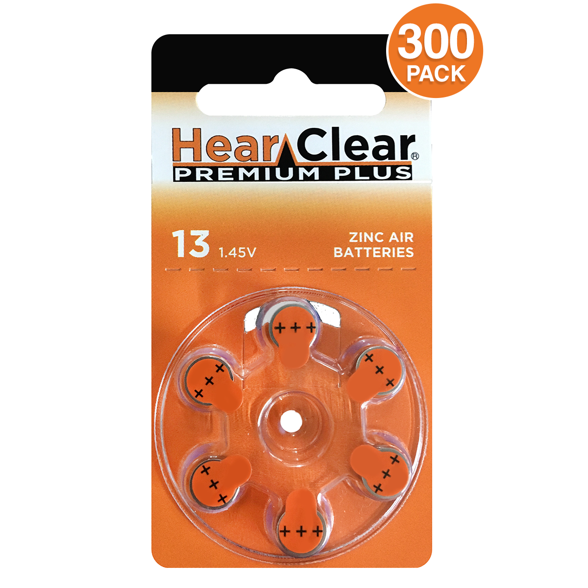 HearClear Size 13 Hearing Aid Batteries Zinc Air (300 Batteries)