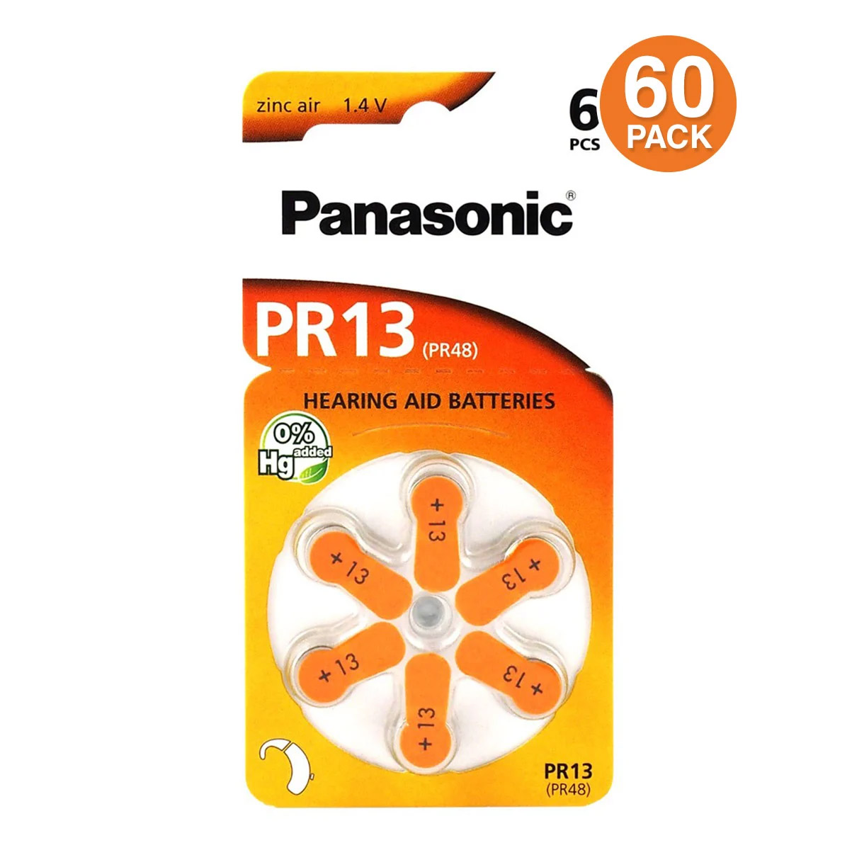 Panasonic Size 13 Hearing Aid Batteries 1.4 Volt Zinc Air (60 Batteries)