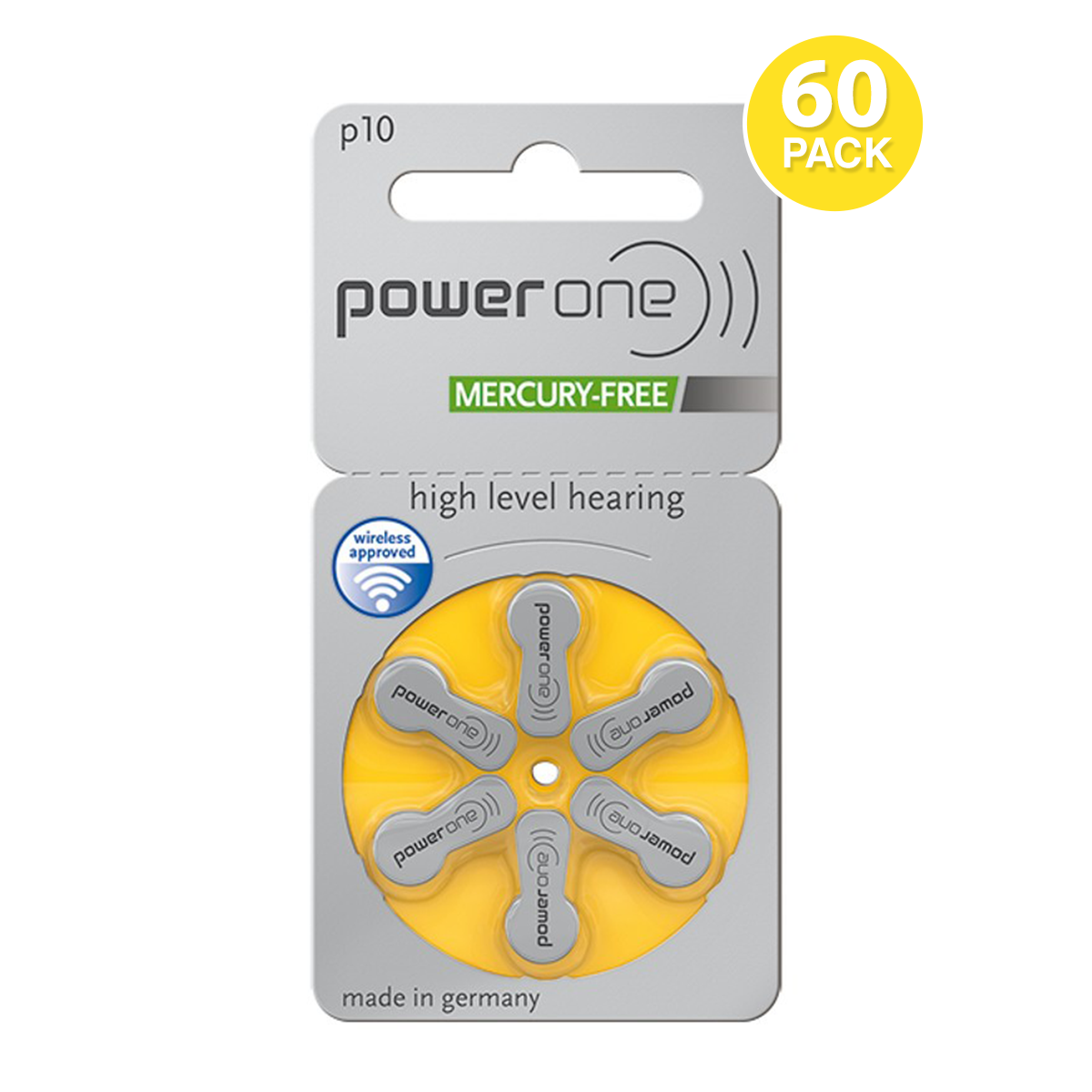 Power One Size P10 Hearing Aid Battery, Mercury-Free (60 pcs.)